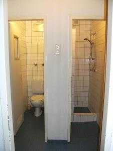 a bathroom with a toilet and a shower at Jugendherberge Karlsruhe in Karlsruhe