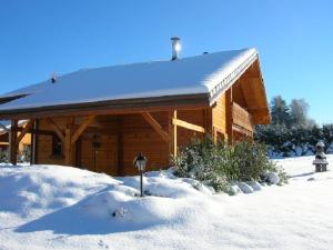 a log cabin with a snow covered roof at Chalet Les Ecureuils in Saint-Nabord