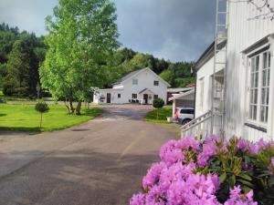a house with pink flowers in front of a driveway at Grong Gård Guesthouse in Grong