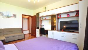 1 dormitorio con 1 cama, TV y sofá en Apartment Evia, en San Petersburgo