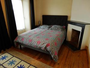 1 dormitorio con 1 cama y chimenea en Le Relais, en Saint-Sauveur-la-Pommeraye