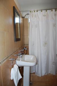 a bathroom with a sink and a shower curtain at La Posada de Damian in San Clemente del Tuyú
