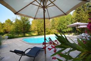 a patio with two chairs and an umbrella and a pool at Le Mas de Trévouse in Saint-Saturnin-lès-Avignon