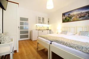- une chambre blanche avec un grand lit et une cuisine dans l'établissement Villa Gallistl, à Český Krumlov