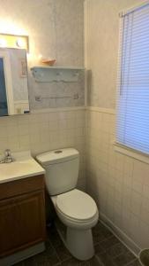 a bathroom with a white toilet and a sink at White Valley Motel in Saint Charles