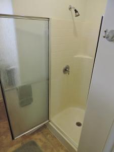 a bathroom with a shower with a glass door at Hale Pua Villa - Hibiscus Suite in Koloa