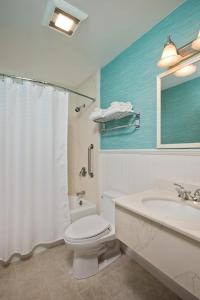 La salle de bains est pourvue de toilettes blanches et d'un lavabo. dans l'établissement Wellfleet Motel & Lodge, à Wellfleet