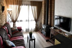 a living room with a couch and a flat screen tv at Cova Safaja in San Quírico Safaja
