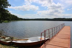 un barco está estacionado junto a un muelle de madera en Domek Letniskowy Brożówka, en Kruklanki