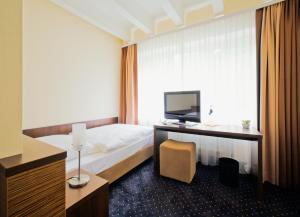 ein Schlafzimmer mit einem Bett und einem Schreibtisch mit Fernseher in der Unterkunft Hotel Silicium in Höhr-Grenzhausen