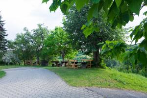 a park with benches and picnic tables in the grass at Turistična kmetija Vrezner Apartment in Zgornja Kungota +16 photos