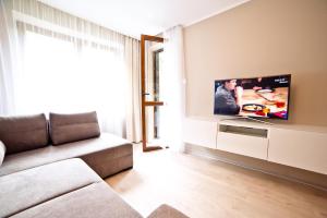 een woonkamer met een bank en een flatscreen-tv bij Post Apart - Apartamenty w Centrum in Krynica Zdrój