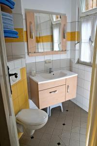 a bathroom with a sink and a toilet and a mirror at Am Kleinsten Haus in Wernigerode