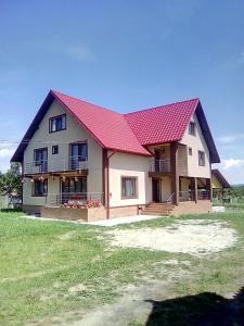 a large house with a red roof on a field at Pensiunea Ana-Maria in Polovragi +17 photos
