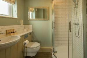 a bathroom with a toilet and a sink and a shower at The Sail Loft in Southwold