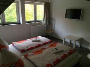 
a bedroom with a bed and a window at Ferienwohnung-zur-Klosterruine-Eldena in Greifswald
