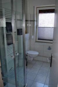 a bathroom with a toilet and a glass shower at Ferienhaus-Am-Strand in Eckernförde