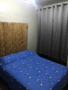 um quarto com uma cama com lençóis e cortinas azuis em Joe Apartment em San Juan