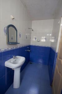 een blauwe en witte badkamer met een wastafel en een spiegel bij Veeniola Holiday Home in Cavelossim