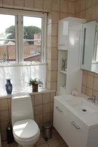 a bathroom with a toilet and a sink and a window at Apartment 4 in Tønder