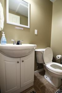 a bathroom with a sink and a toilet and a mirror at Jenny's Guest House in Yellowknife