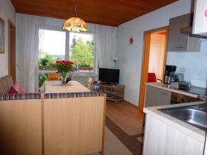a kitchen and living room with a table and a window at Ferienwohnungen Anneliese&Fritz Wagerer in Rimbach