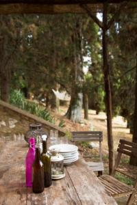 Case Di Gello في بمونتيكاتيني فال دي سيسينا: طاولة خشبية عليها زجاجات وصحون نبيذ