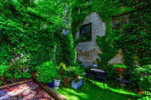 an ivy covered building with a table and chairs at Chelsea Pines Inn in New York
