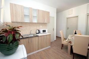 a kitchen with a sink and a table with a plant at Apartments Centar Sutomore in Sutomore
