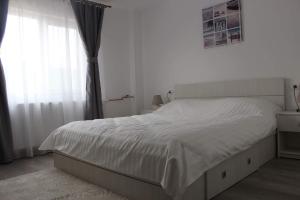 a bedroom with a white bed and a window at Apartament Anais in Călimăneşti