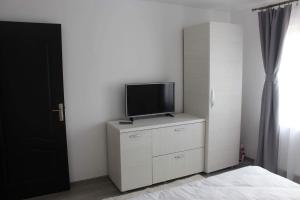 a bedroom with a tv on top of a dresser at Apartament Anais in Călimăneşti