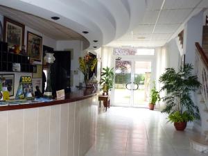 a lobby with a counter and potted plants at Hotel Playa de Merón in San Vicente de la Barquera