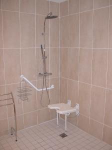 uma casa de banho com um chuveiro e um lavatório. em Aquanerius Résidence em Néris-les-Bains