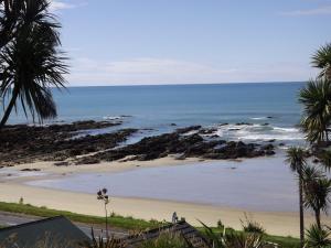 uma vista para uma praia com palmeiras e para o oceano em Mike & Jenny's Kaka Point Accommodation em Kaka Point