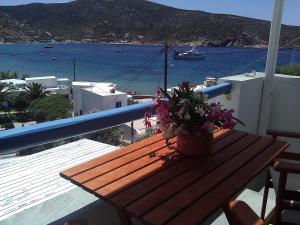 a wooden table with a potted plant on a balcony at Agnanti Apartments in Vathi