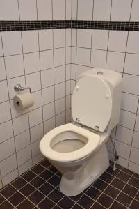a white toilet in a bathroom with a roll of toilet paper at Lägenhet centralt Lysekil in Lysekil