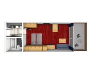 uma planta de um quarto com uma parede vermelha em Apart Holidays - Haus Acletta em Disentis