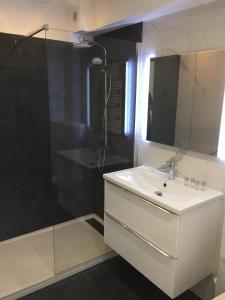 a bathroom with a white sink and a shower at Amazing Studio Cannes Center in Cannes