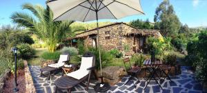 a patio with chairs and an umbrella and a house at Finca San Pablo Icod de los Vinos in Icod de los Vinos