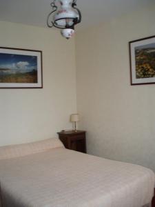 1 dormitorio con cama y lámpara de araña en Residence les Goelands, en Jullouville-les-Pins