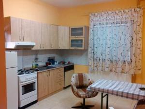 a kitchen with wooden cabinets and a table with a chair at Guest house Ćane Smestaj in Bela Crkva