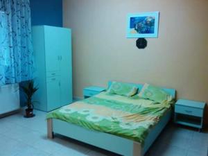 a bedroom with a bed with a blue bed frame at Guest house Ćane Smestaj in Bela Crkva
