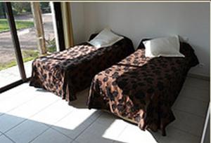2 Betten neben einem Fenster in einem Zimmer in der Unterkunft La Ferme aux Biches in Commelle-Vernay