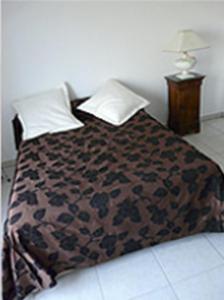 a bedroom with a bed with a blanket and pillows at La Ferme aux Biches in Commelle-Vernay +20 photos