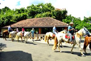 un grupo de personas montando caballos por una calle en Hotel Fazenda Fonte Colina Verde, en São Pedro