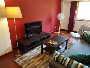 uma sala de estar com um sofá e uma televisão de ecrã plano em TOISGA Apartment em Guimarães