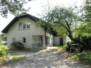 ein weißes Haus mit einem Baum davor in der Unterkunft Idyllic place near Cerknica Lake in Cerknica