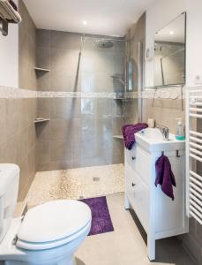 uma casa de banho com um chuveiro, um WC e um lavatório. em Les Beaux Chenes em Pont-de-Barret