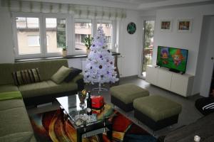 uma sala de estar com uma árvore de Natal e uma televisão em Apartment Classic Deco em Zagreb