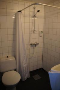 a bathroom with a shower with a toilet and a sink at Midtnes Hotel in Balestrand